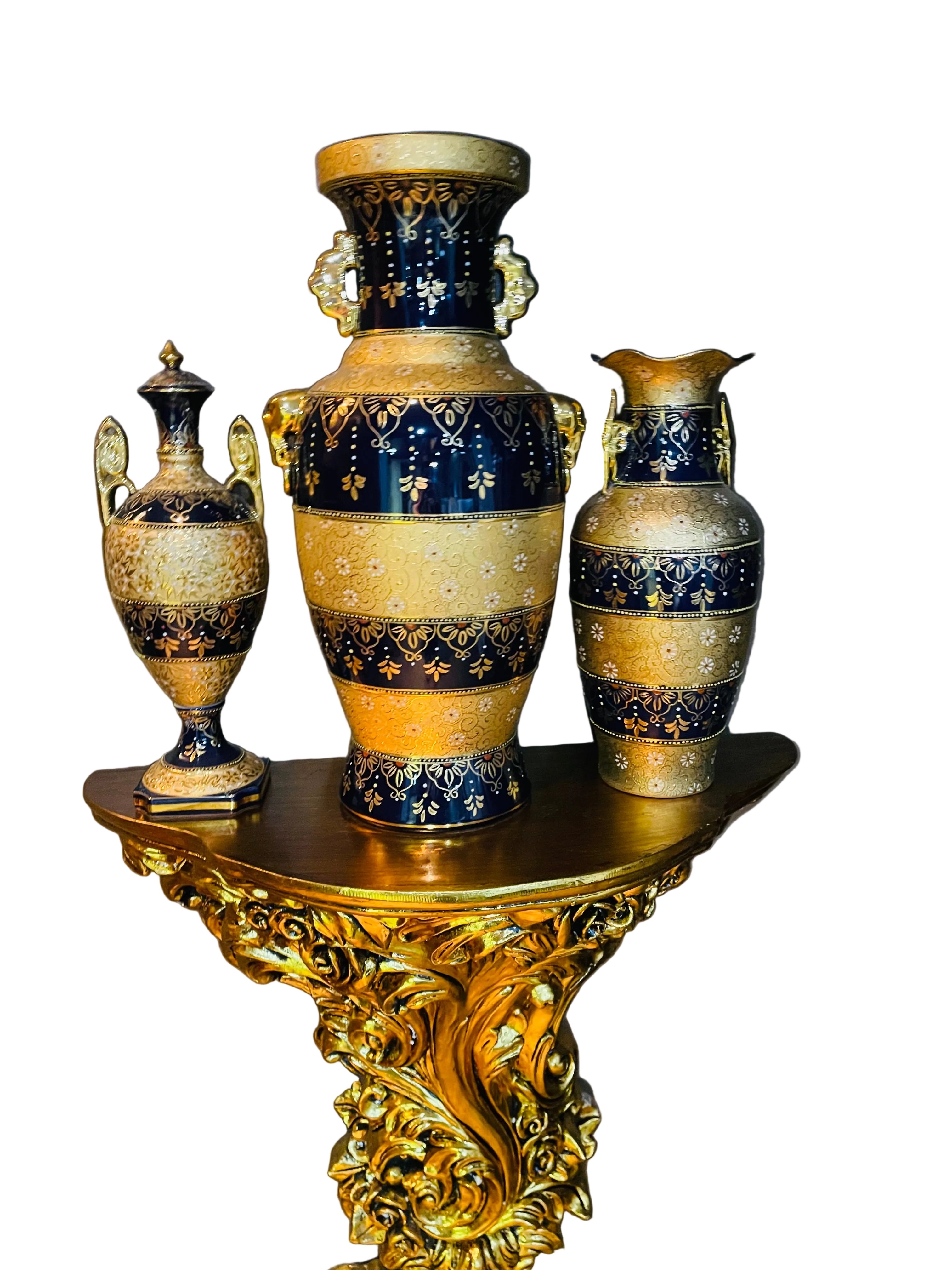 Vase Set a 3 gold and and blue Persian crafted