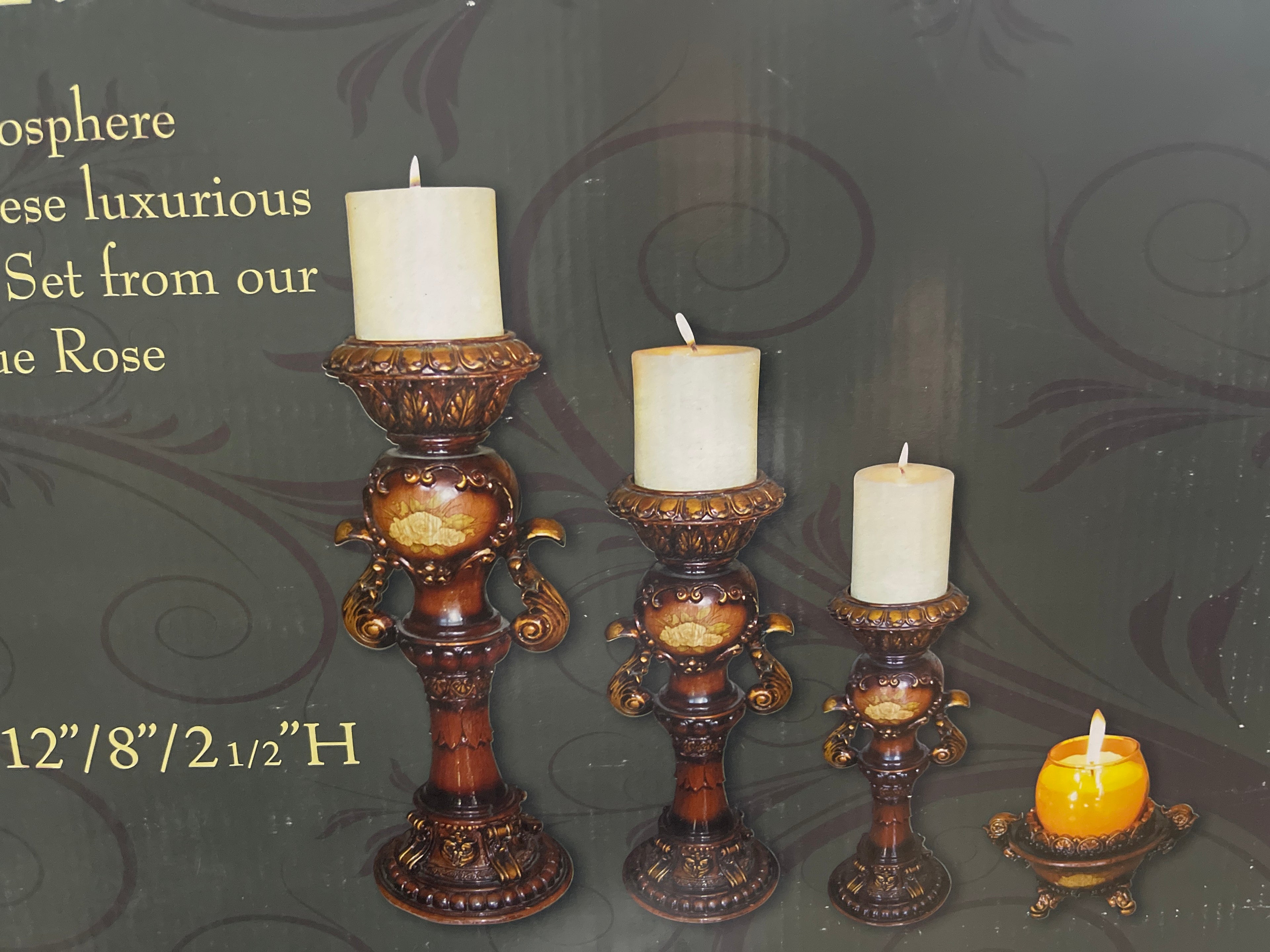 S/4” Bright rose decal wooden finish Roman candle holder set