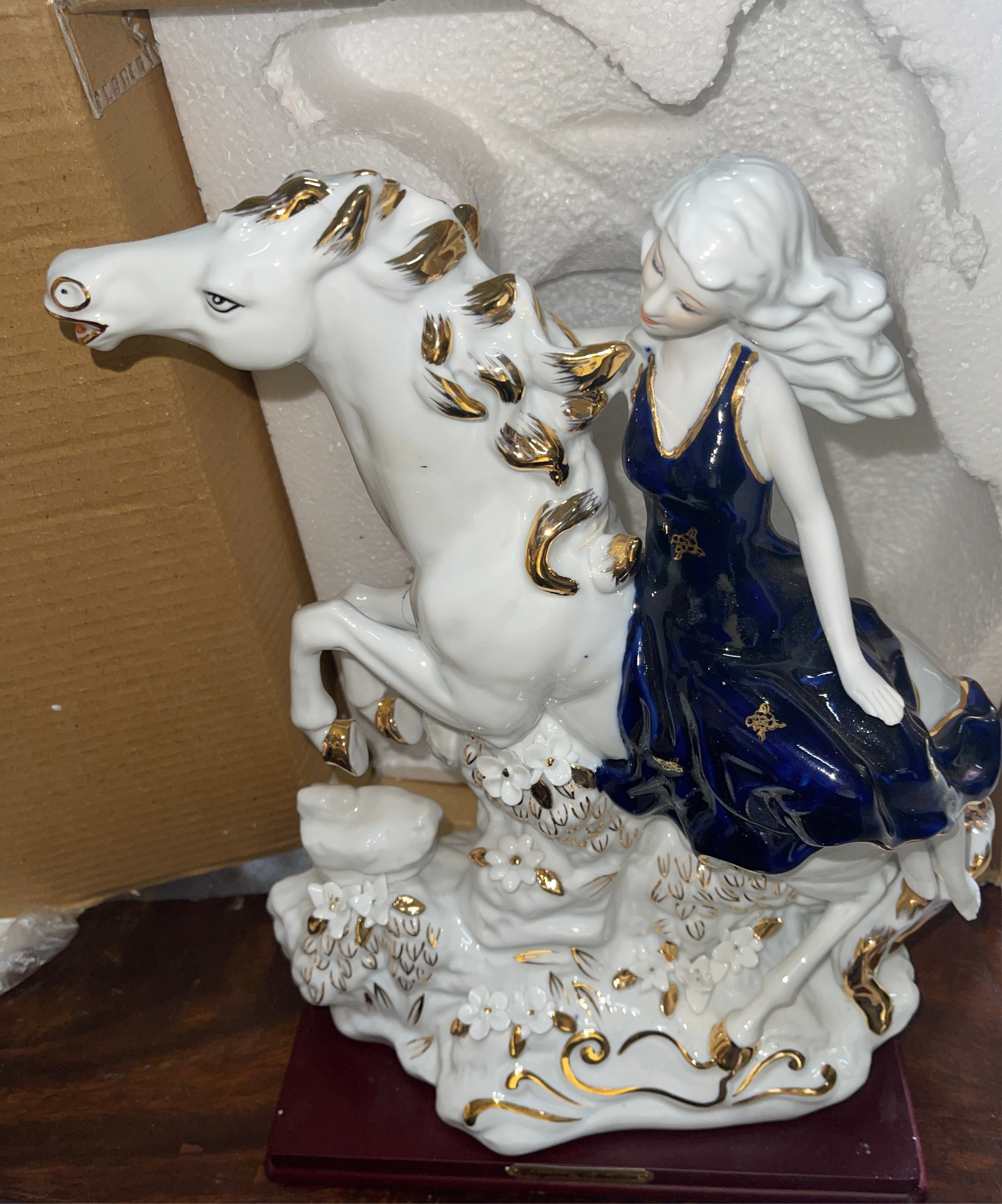 Lady in Blue Ceramic Riding Horse