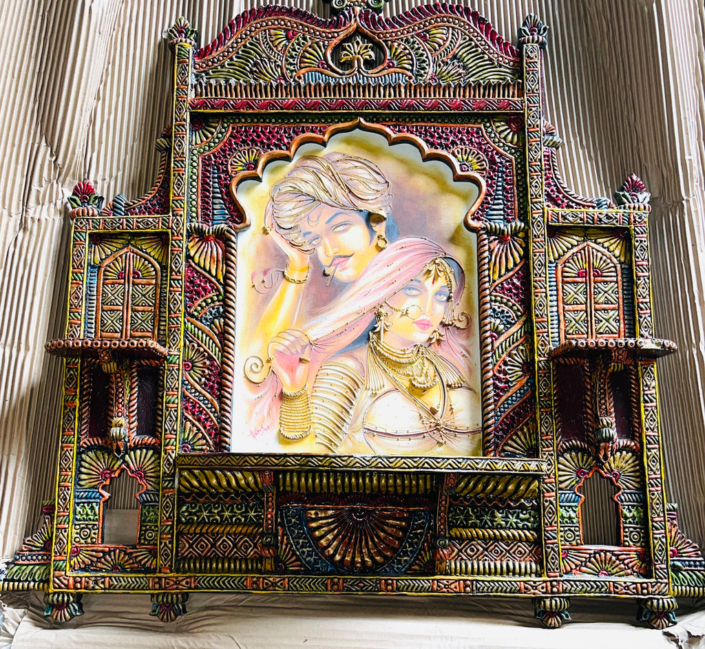 Indian Rajasthani couple with Indian palace window looking wall art
