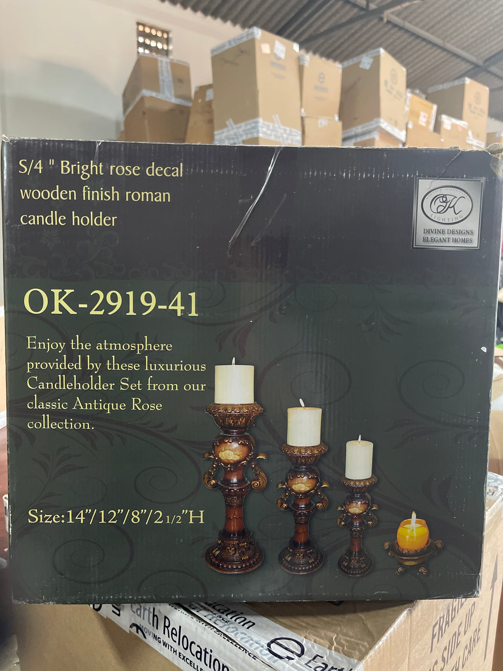 S/4” Bright rose decal wooden finish Roman candle holder set