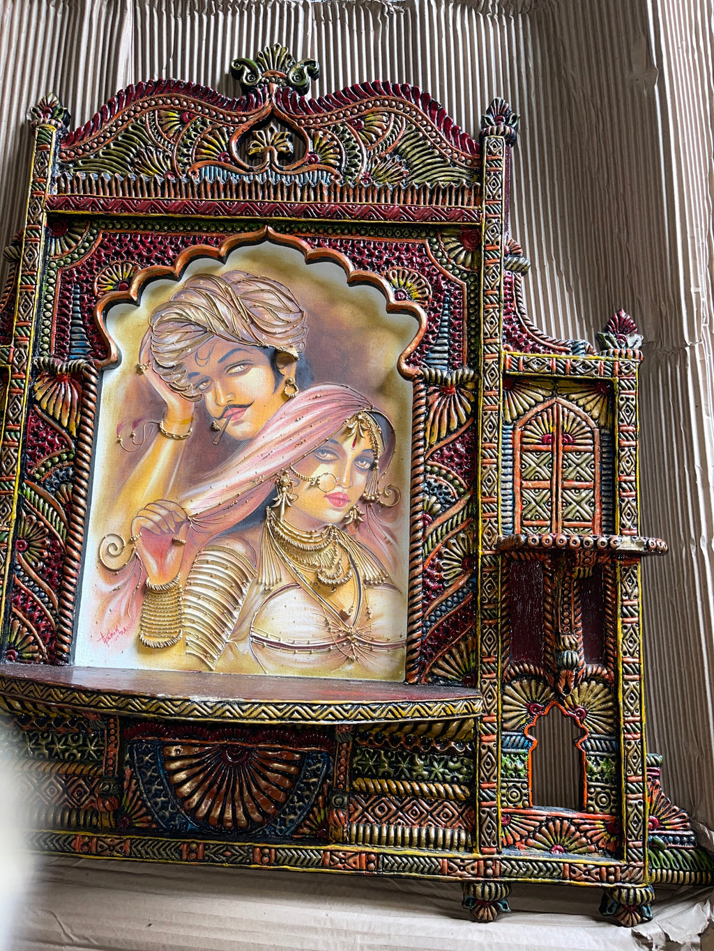 Indian Rajasthani couple with Indian palace window looking wall art