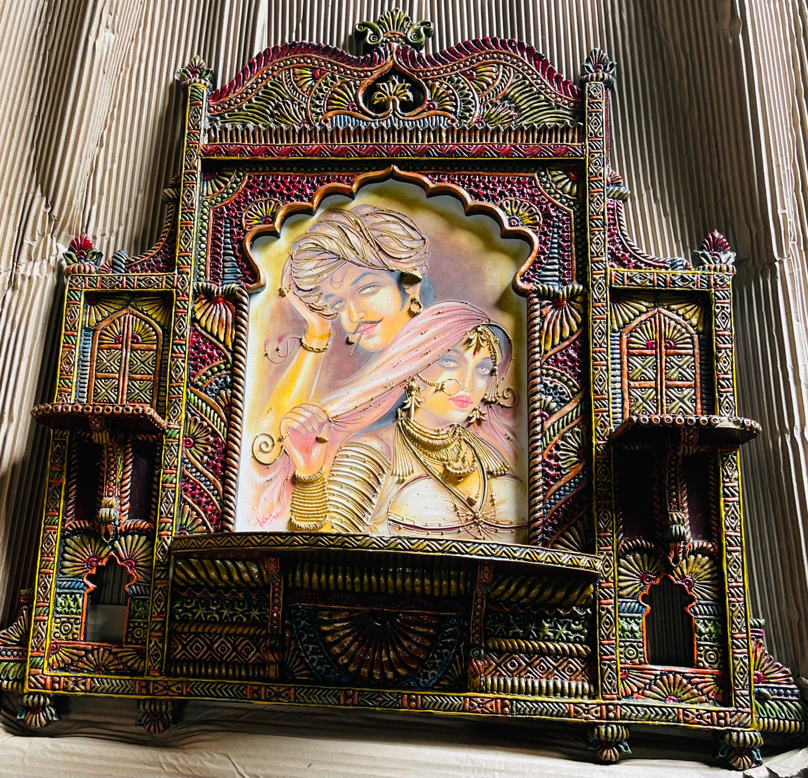 Indian Rajasthani couple with Indian palace window looking wall art