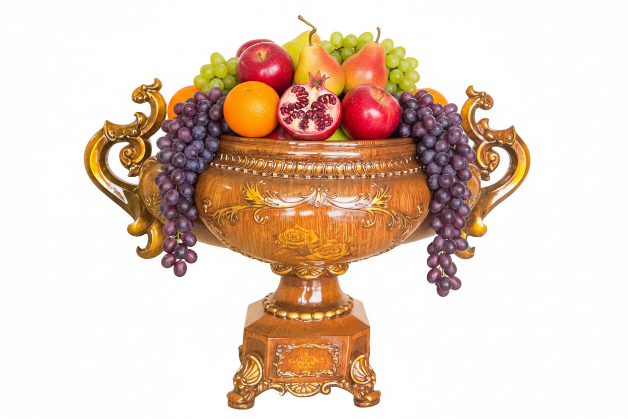 S/1 Bright rose decal wooden finish roman fruit pot