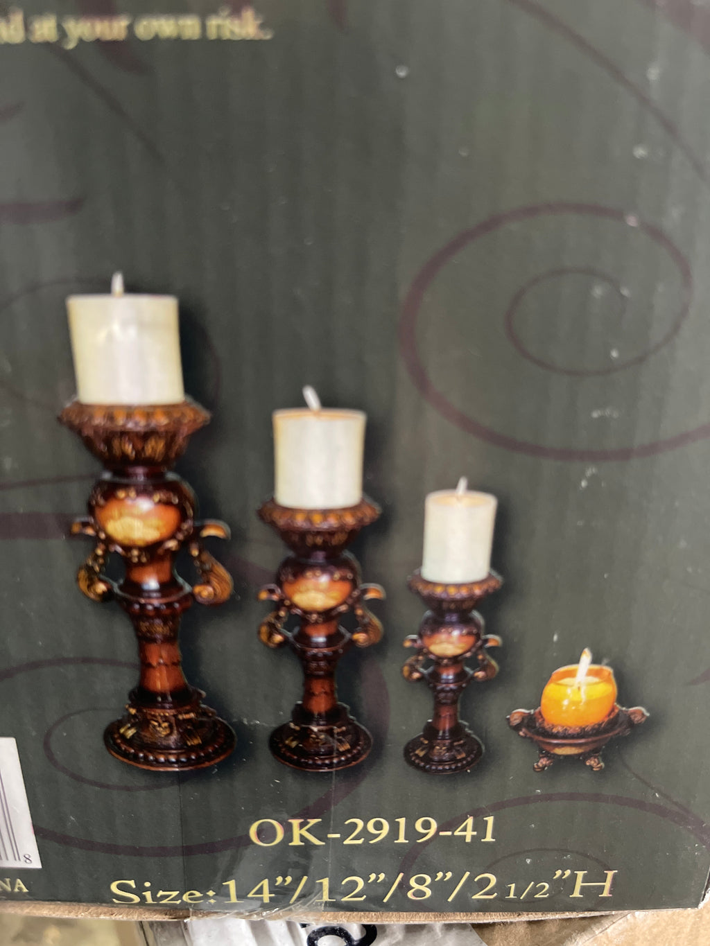 S/4” Bright rose decal wooden finish Roman candle holder set