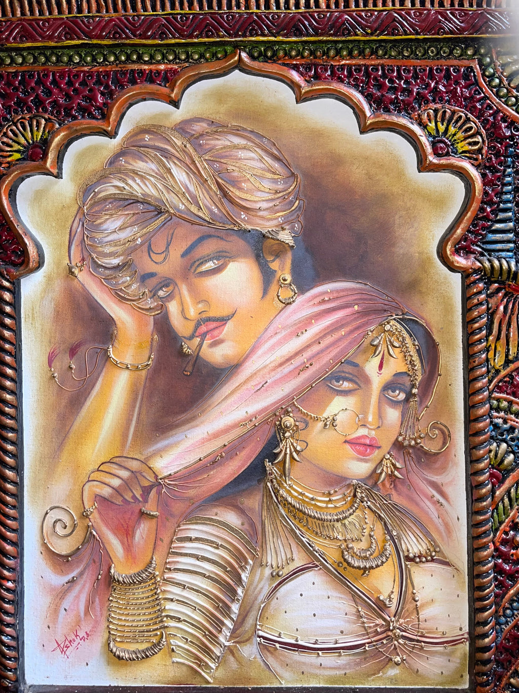 Indian Rajasthani couple with Indian palace window looking wall art