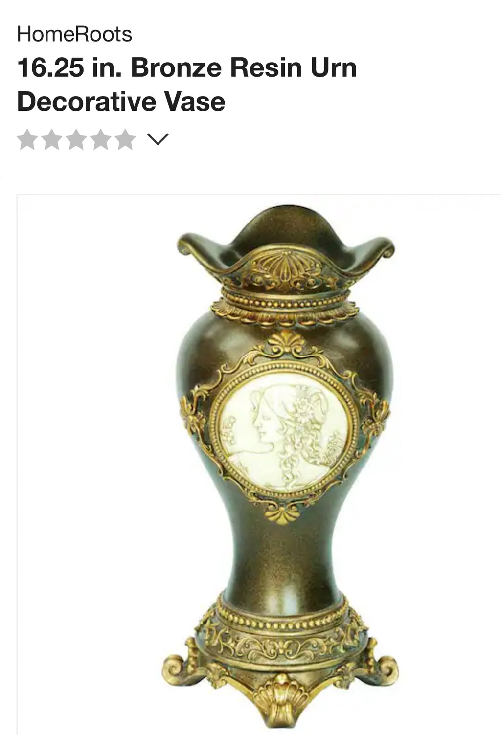 HomeRoots 16.25 in. Bronze Resin Urn Decorative Vase