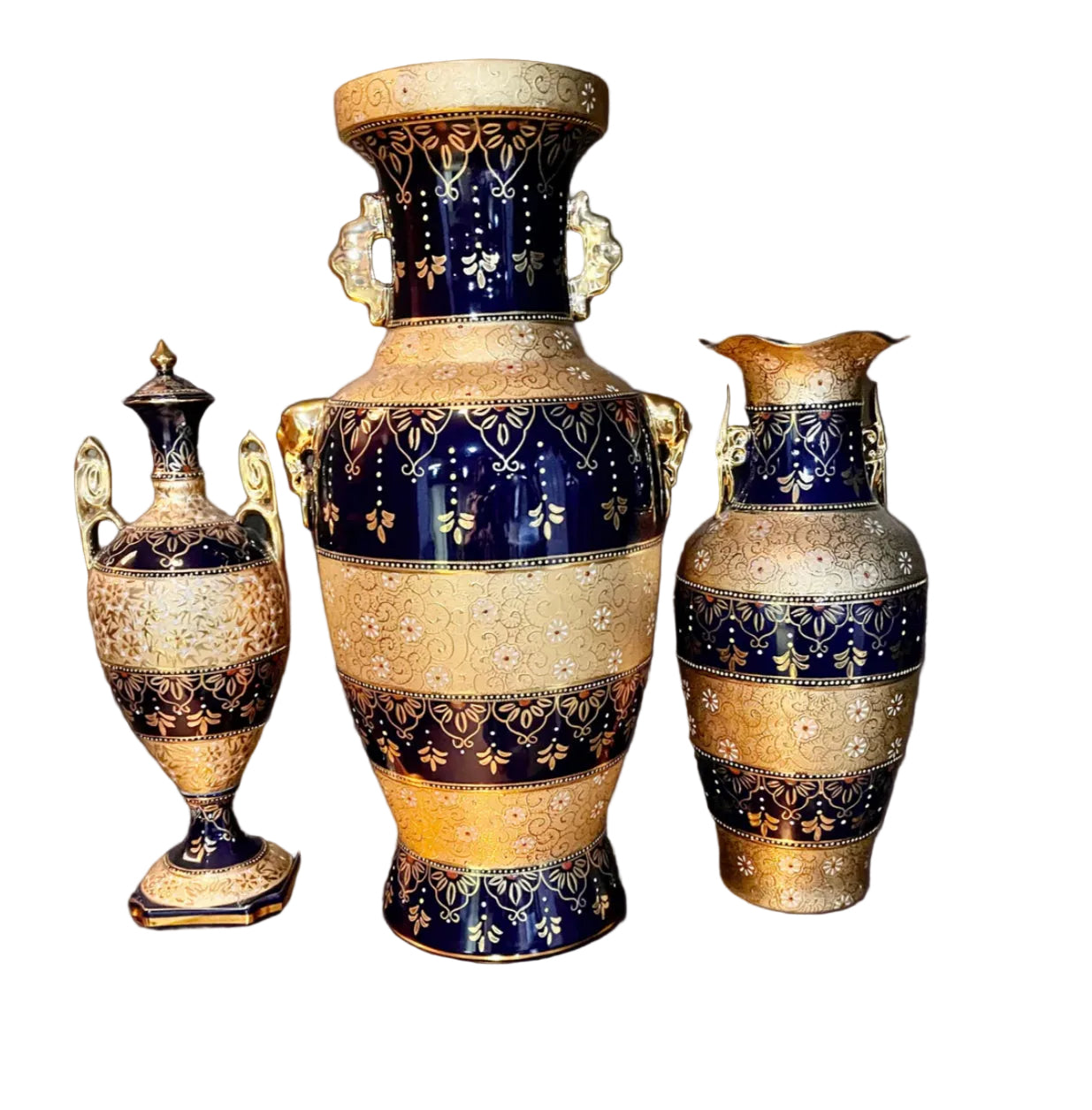 Vase Set a 3 gold and and blue Persian crafted