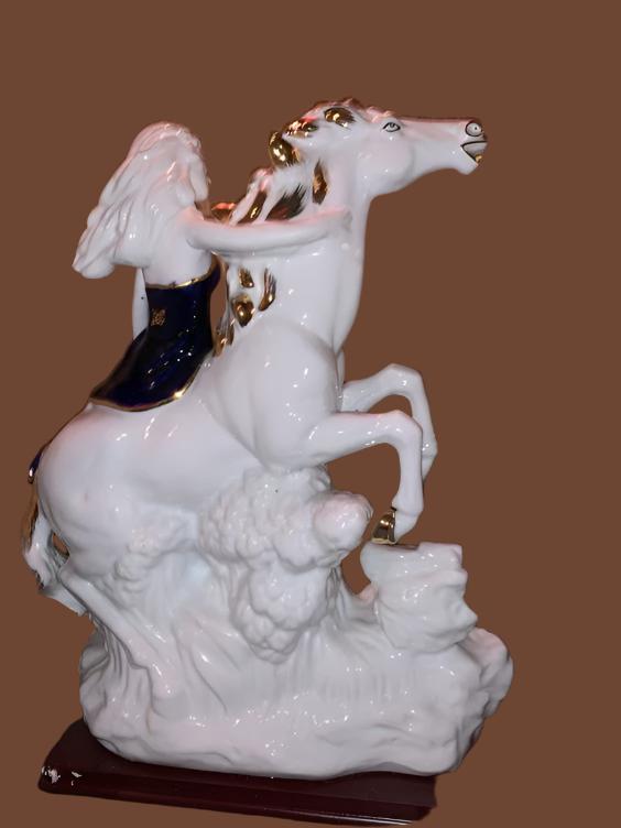 Lady in Blue Ceramic Riding Horse